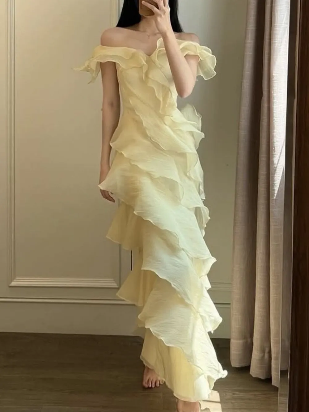 Off Shoulder Ruffled Layer Chiffon Maxi Evening Dress