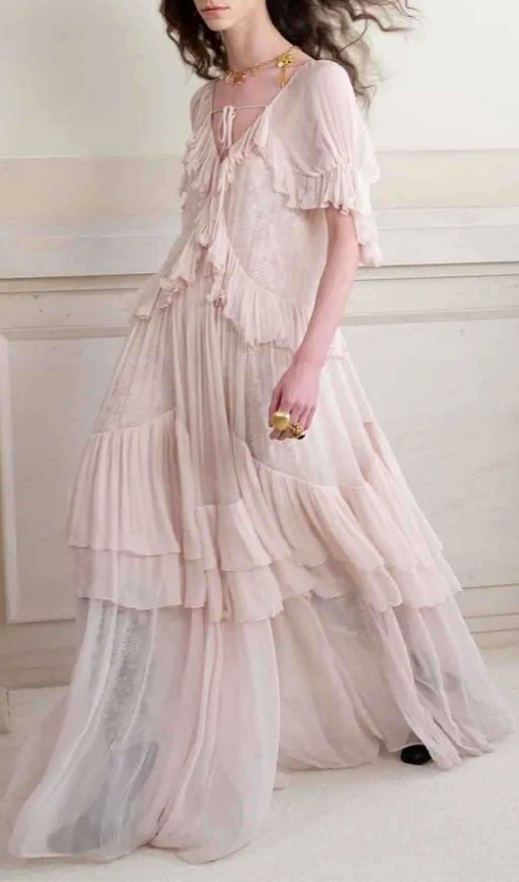Kristin Lace Three-Quarter Sleeve Ruffle Maxi Dress - Pink
