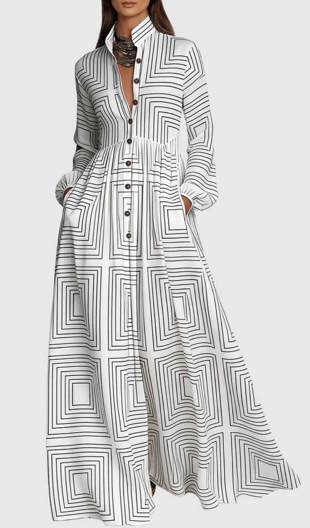 Judie Geometric Print Maxi Dress - White