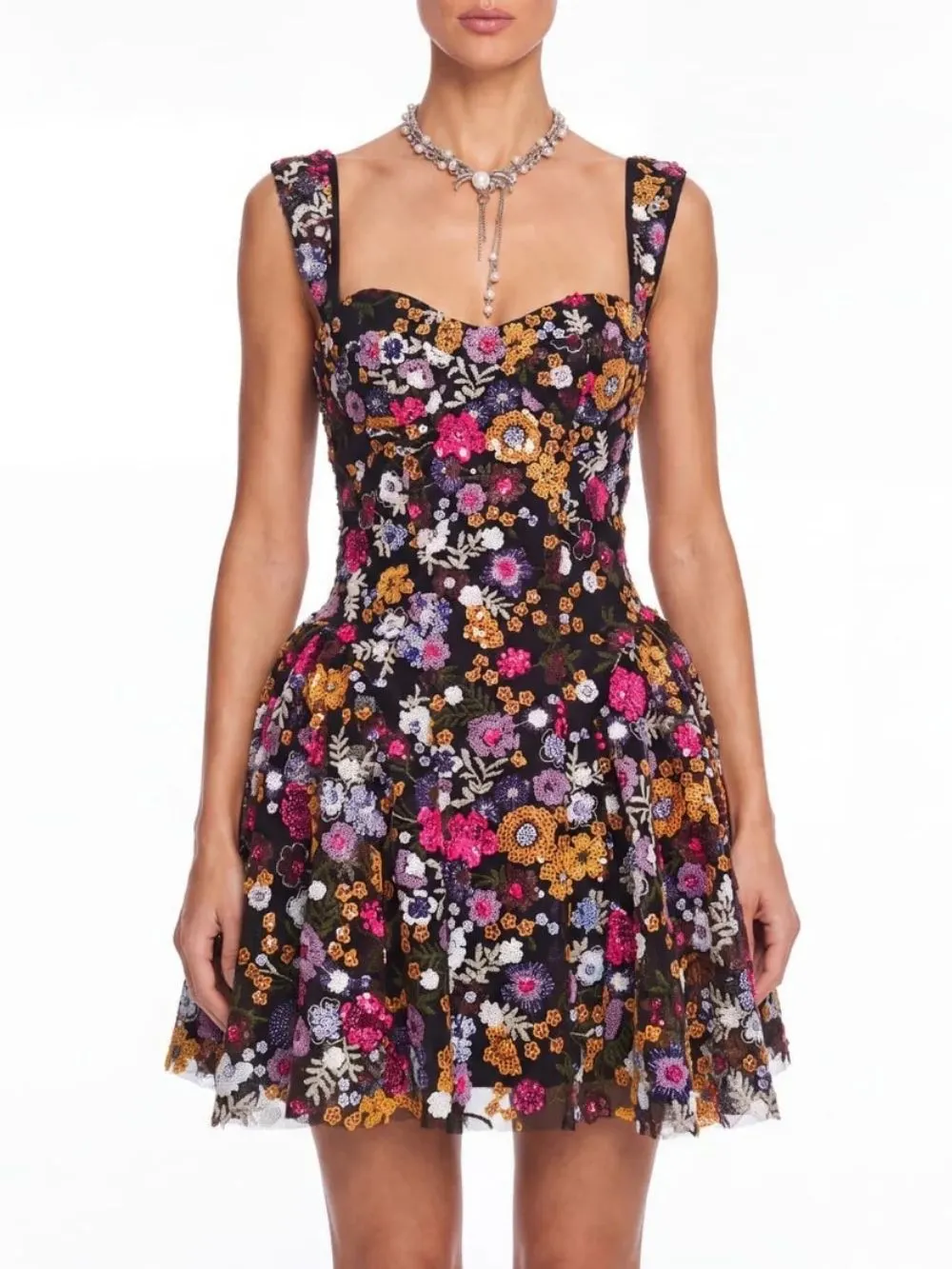 Fashionslee Women Galenx Embroidered Flower Sequin Mini Dress