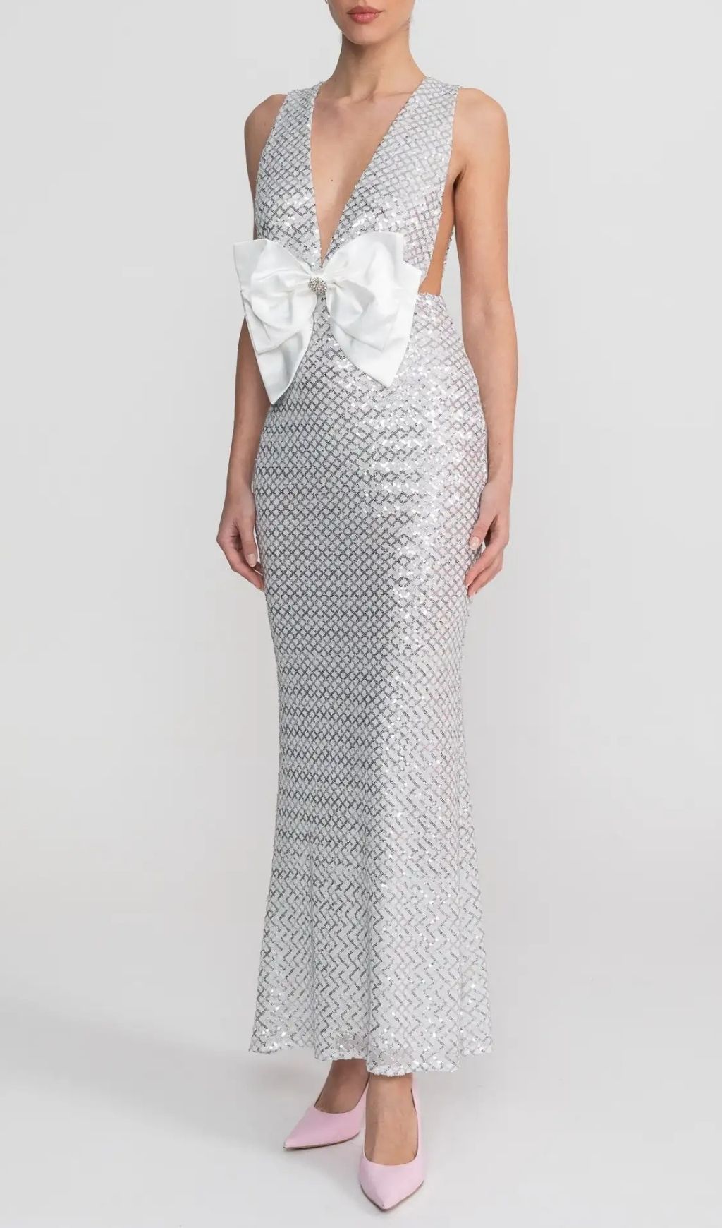 ef73735c9778c029159038e943a76208 Sequin Maxi Dress With Satin Bow Detail - Light Grey