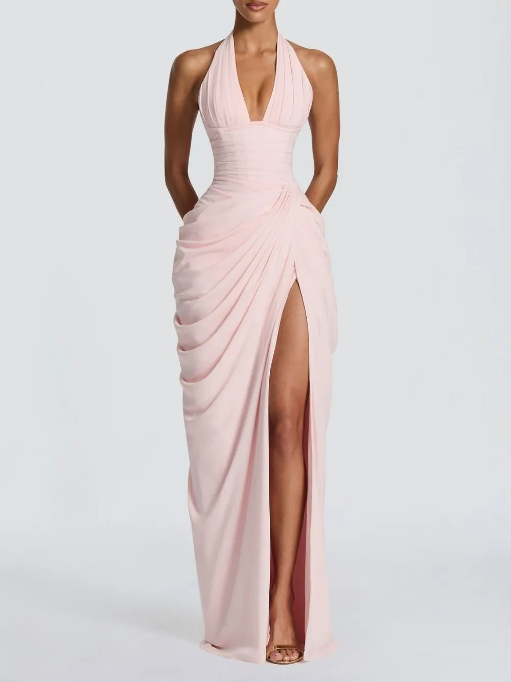 Maha Pink Halter Corset Ruched Maxi Dress
