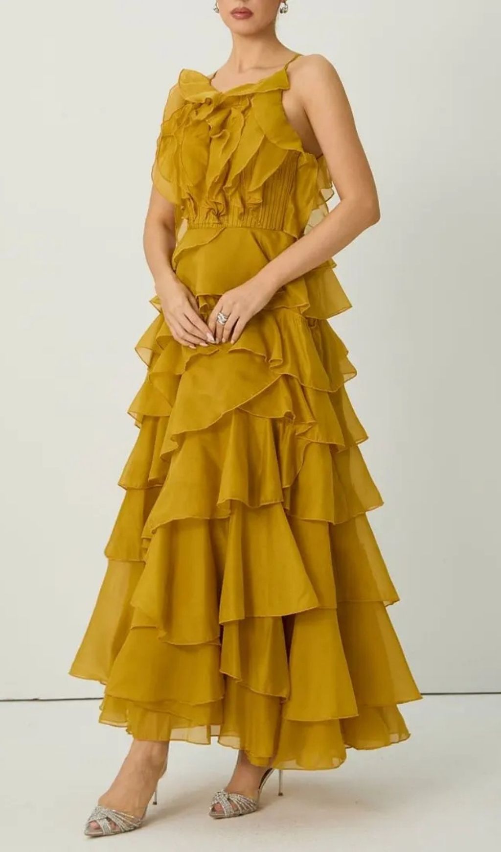 ef9c68a94d15ca39dfcdfee492c129f9 Leila Yellow Spaghetti Strap Tiered Ruffle Maxi Dress