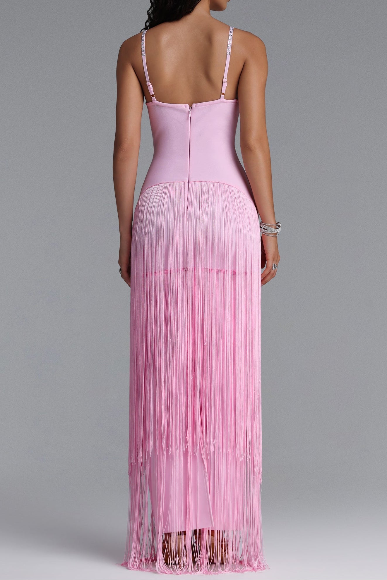 ef9f8932d43babd38b88a74e78d2534d Rhinestone Floral Fringe Spaghetti Strap Maxi Dress