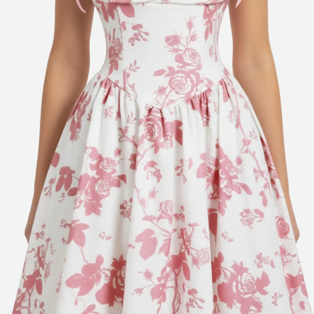 Smocked Floral Square Neck A-line Midi Dress - OWNCI