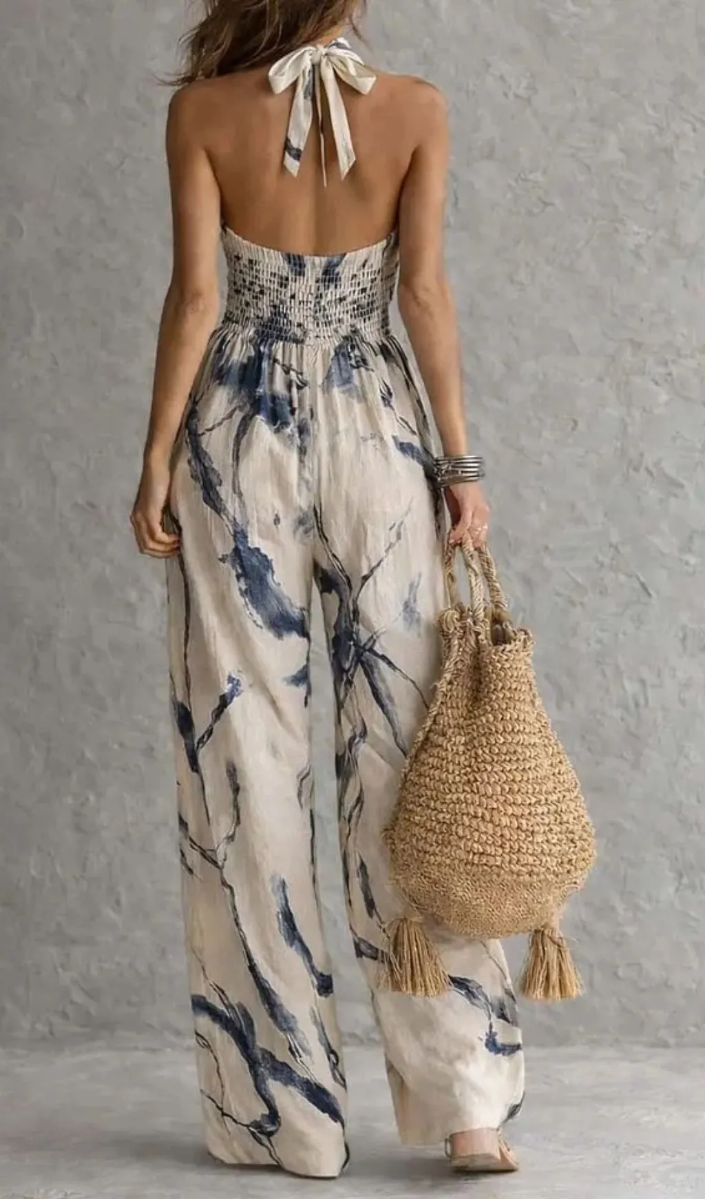 Fashionslee Women Halter Neck Ink Wash Print Wide Leg Jumpsuit With Pockets