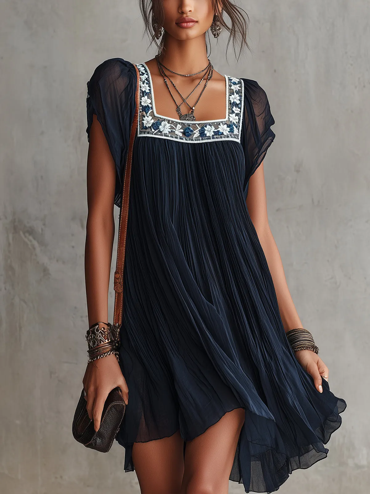 Navy Blue Floral Embroidered Pleated Chiffon Mini Dress