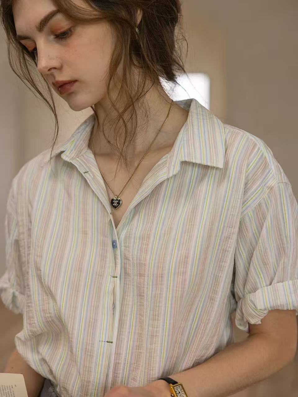Striped Color-Block Patched Rolled-Sleeve Shirt