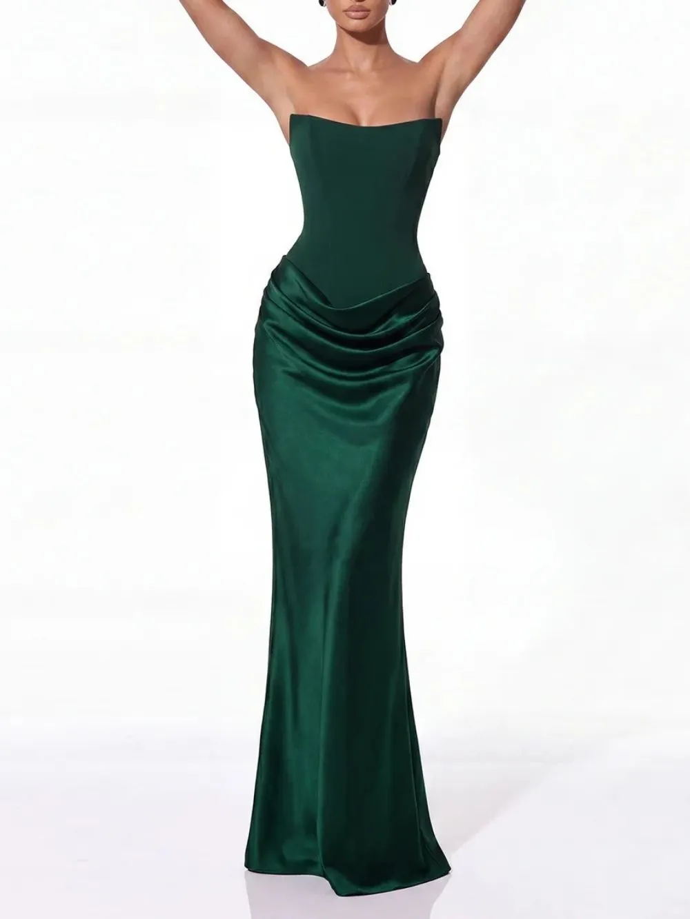 Vallissa Strapless Satin Maxi Dress In Emerald