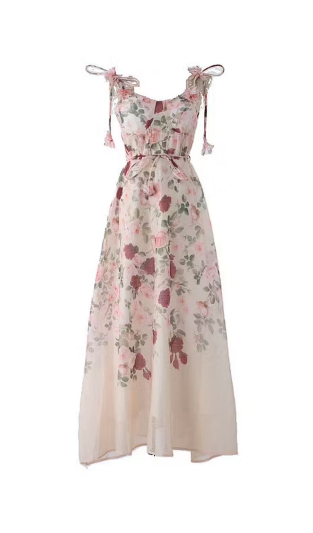 f0bc6d669383cc0d80cd3f7e87b9ca20 Pastel Floral Print Spaghetti Strap Midi Dress With 3D Flower Appliqués