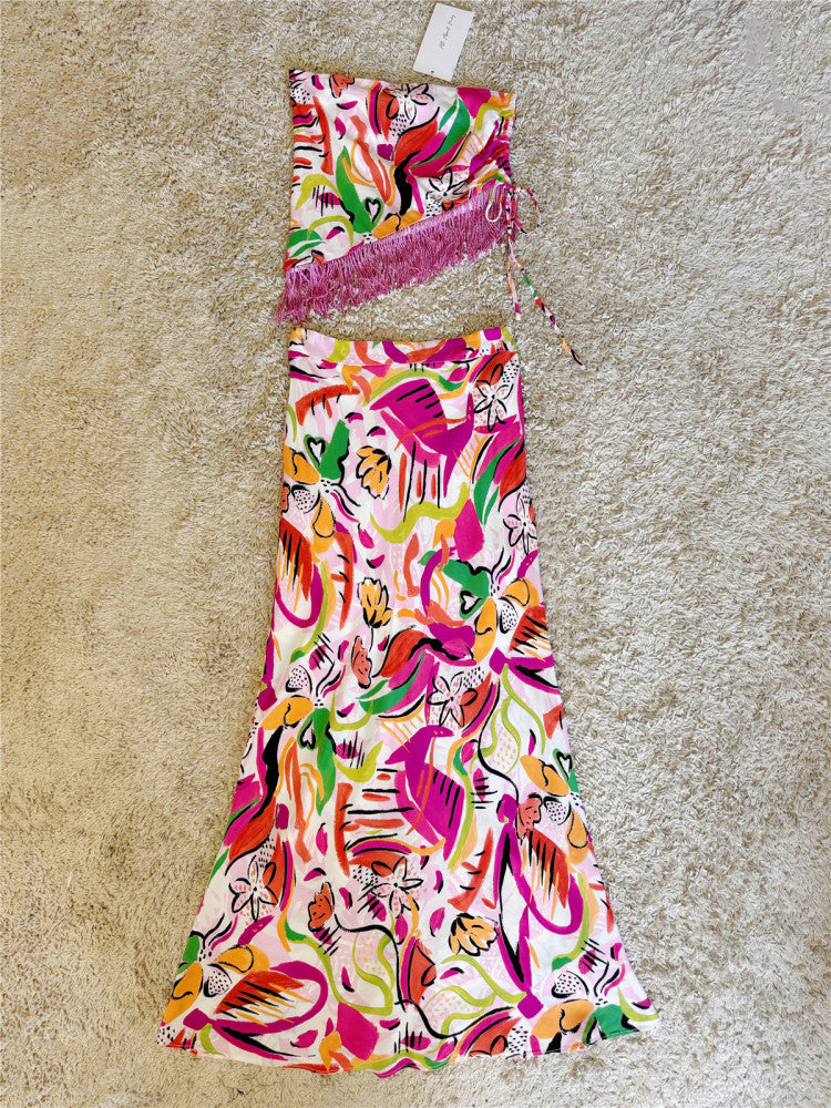 Painted Graffiti Irregular Strap Fringed Skirt Set