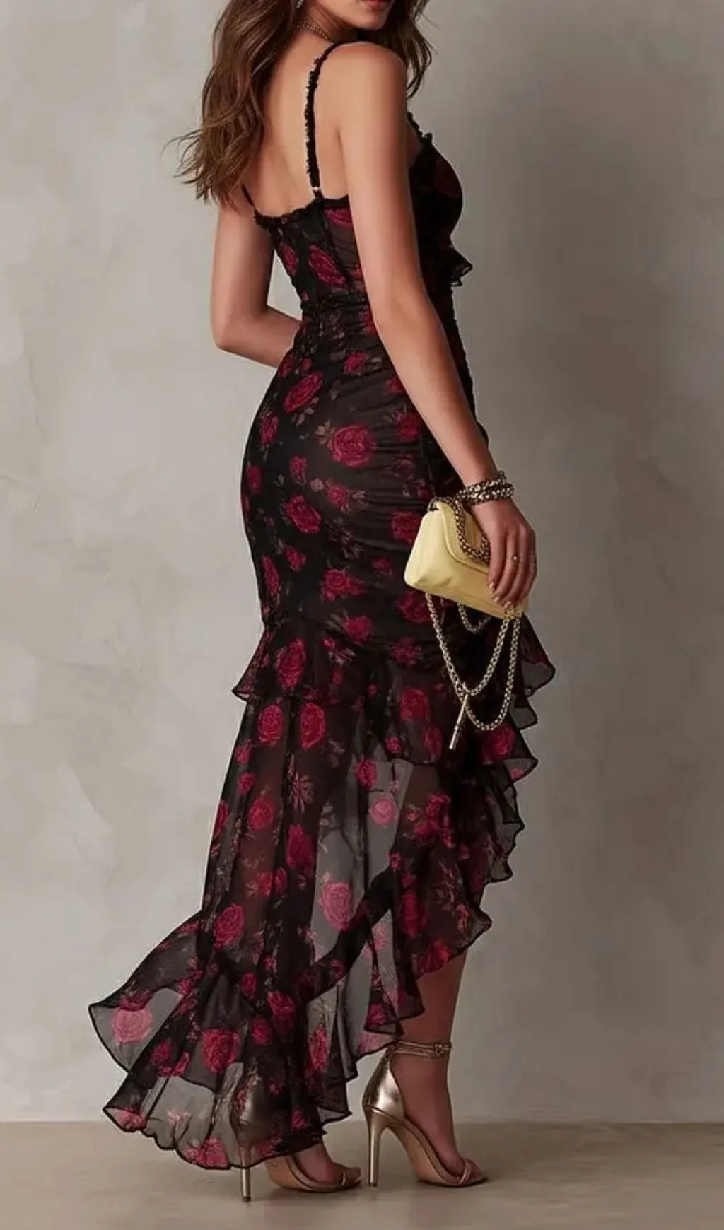 f118ad2b27ce07b4b769ec60f6e7c146.webp Fashionslee Women Chic Black And Red Floral Ruched Ruffle Hem Dress