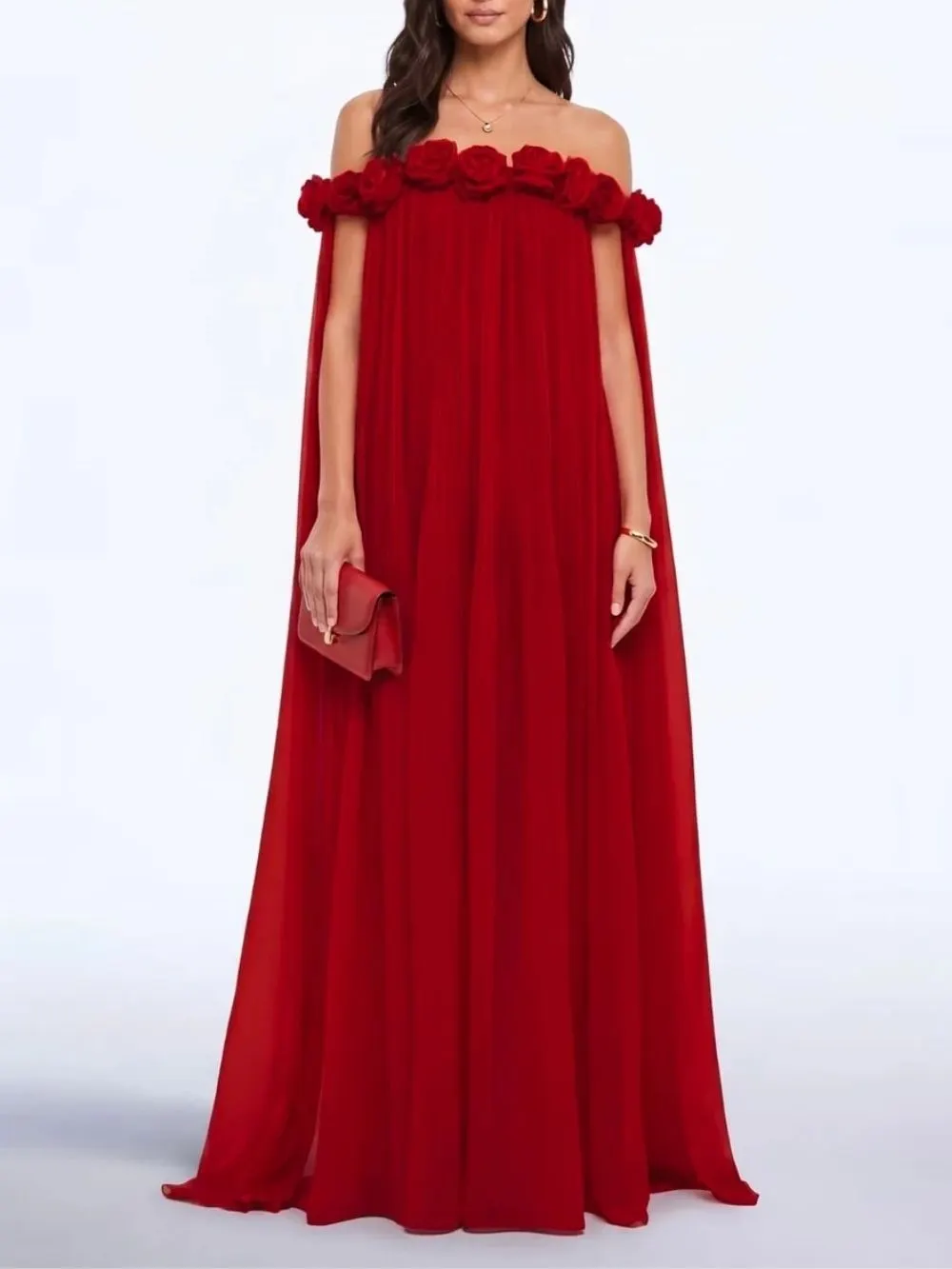 Grythal Flower Pleated Maxi Dress In Red