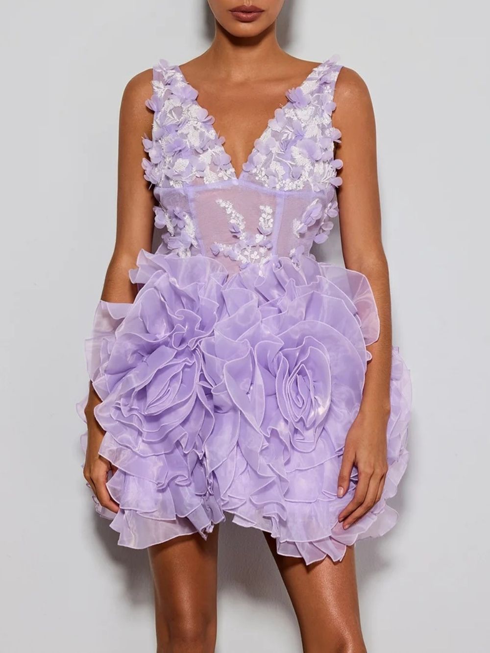 Ervin Purple V Neck Flower Mini Dress