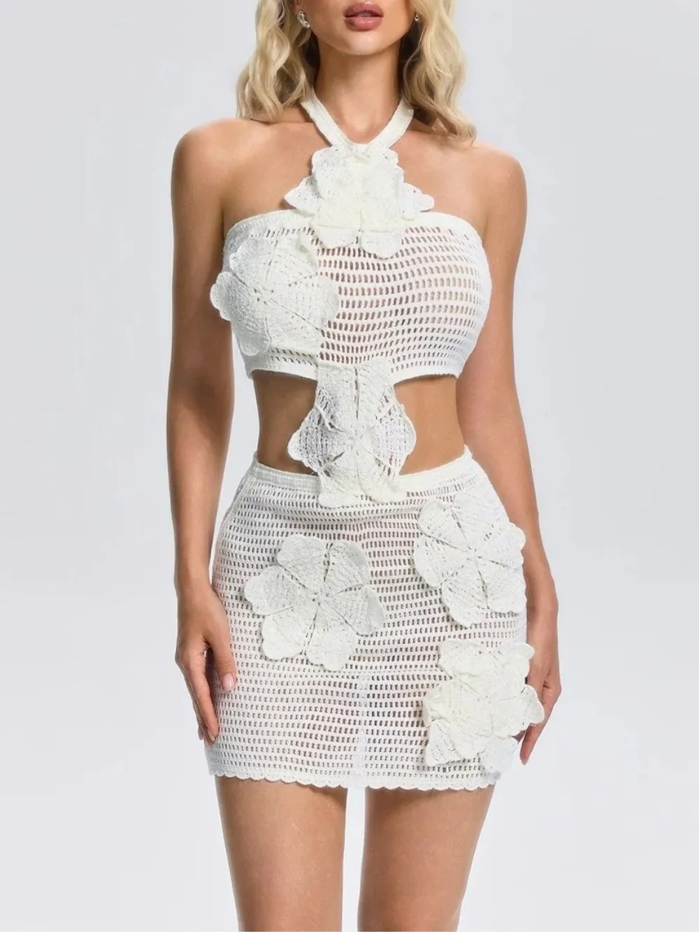 Yelidra Halterneck Flower Knitted Dress