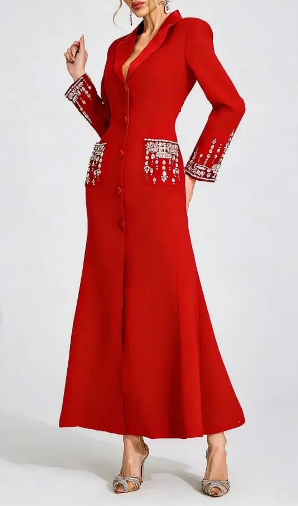 Simona Red Diamond Embellished Maxi Dress - OWNCI Simona Red Diamond Embellished Maxi Dress - OWNCI