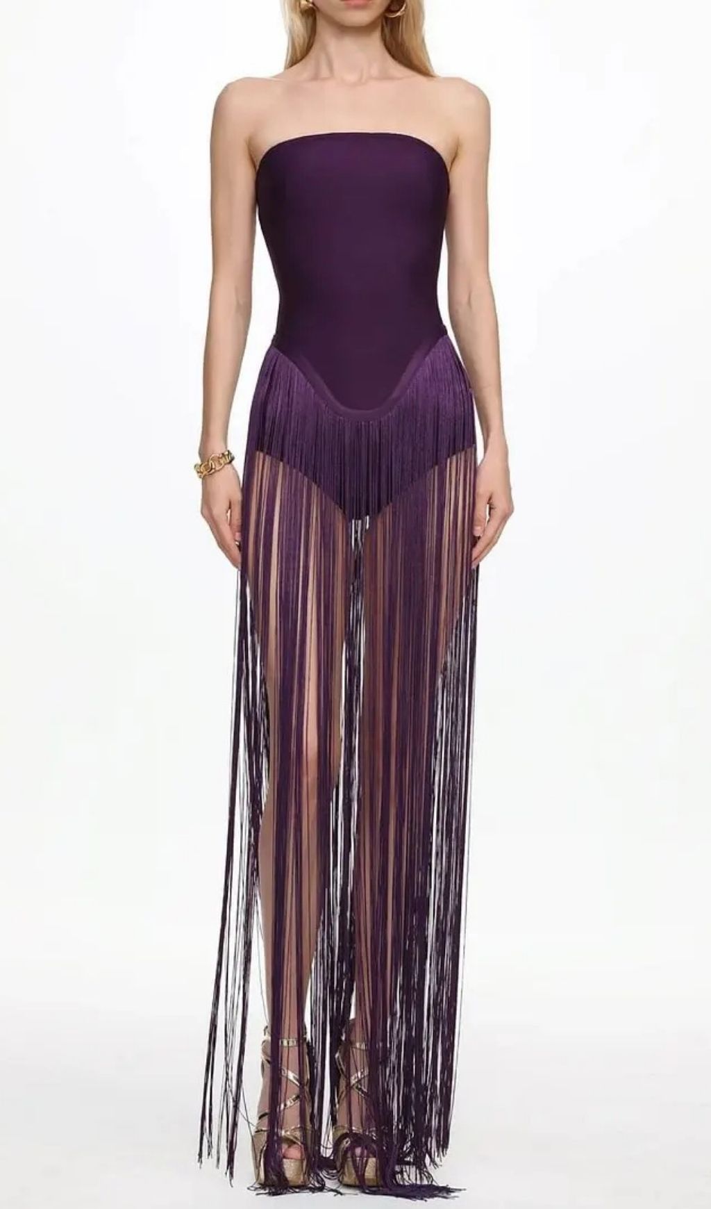 Helen Bodysuit Fringe Strapless Mini Dress In Purple