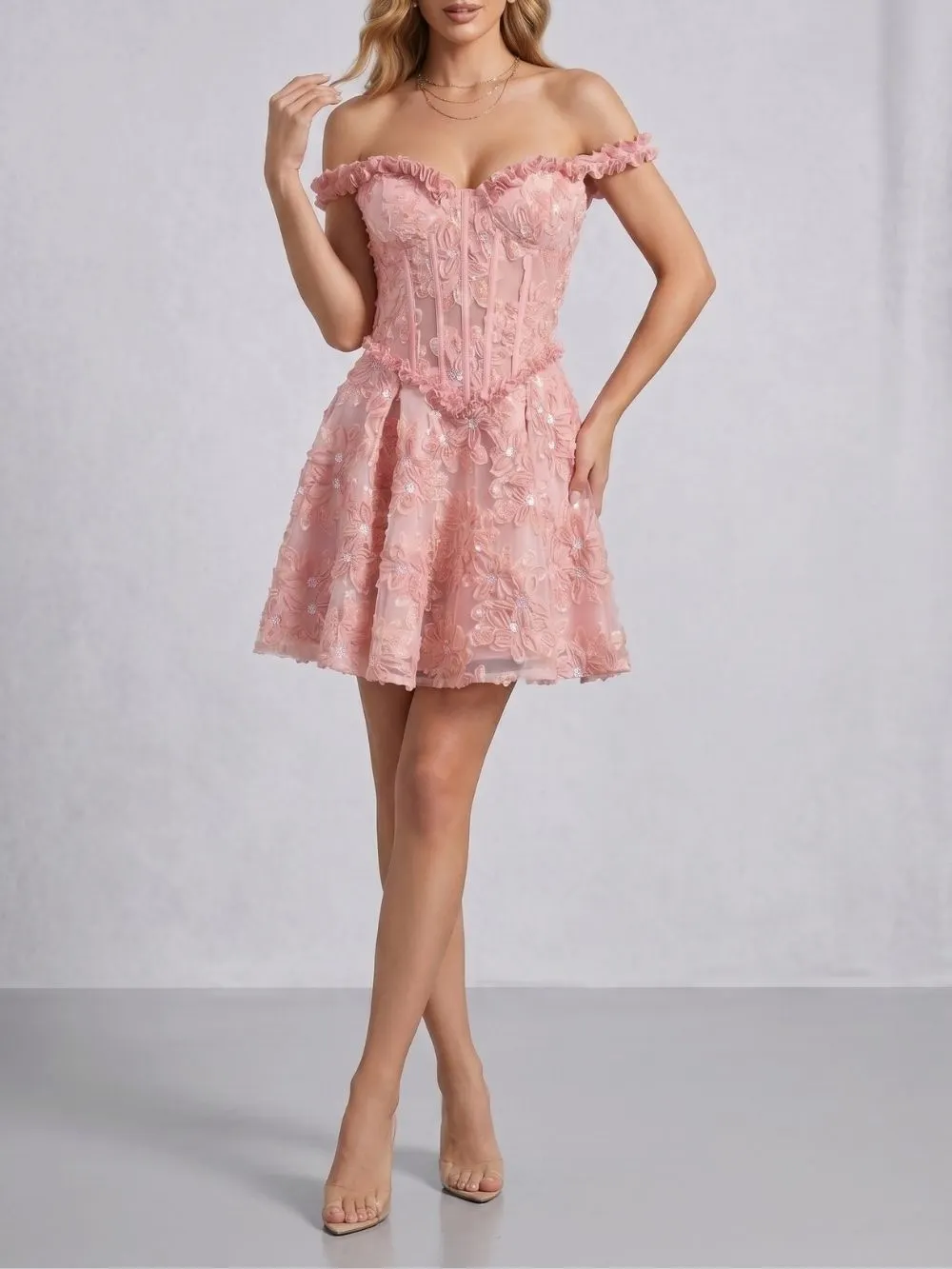 Jyvric Pink Off Shoulder Flower Mini Dress