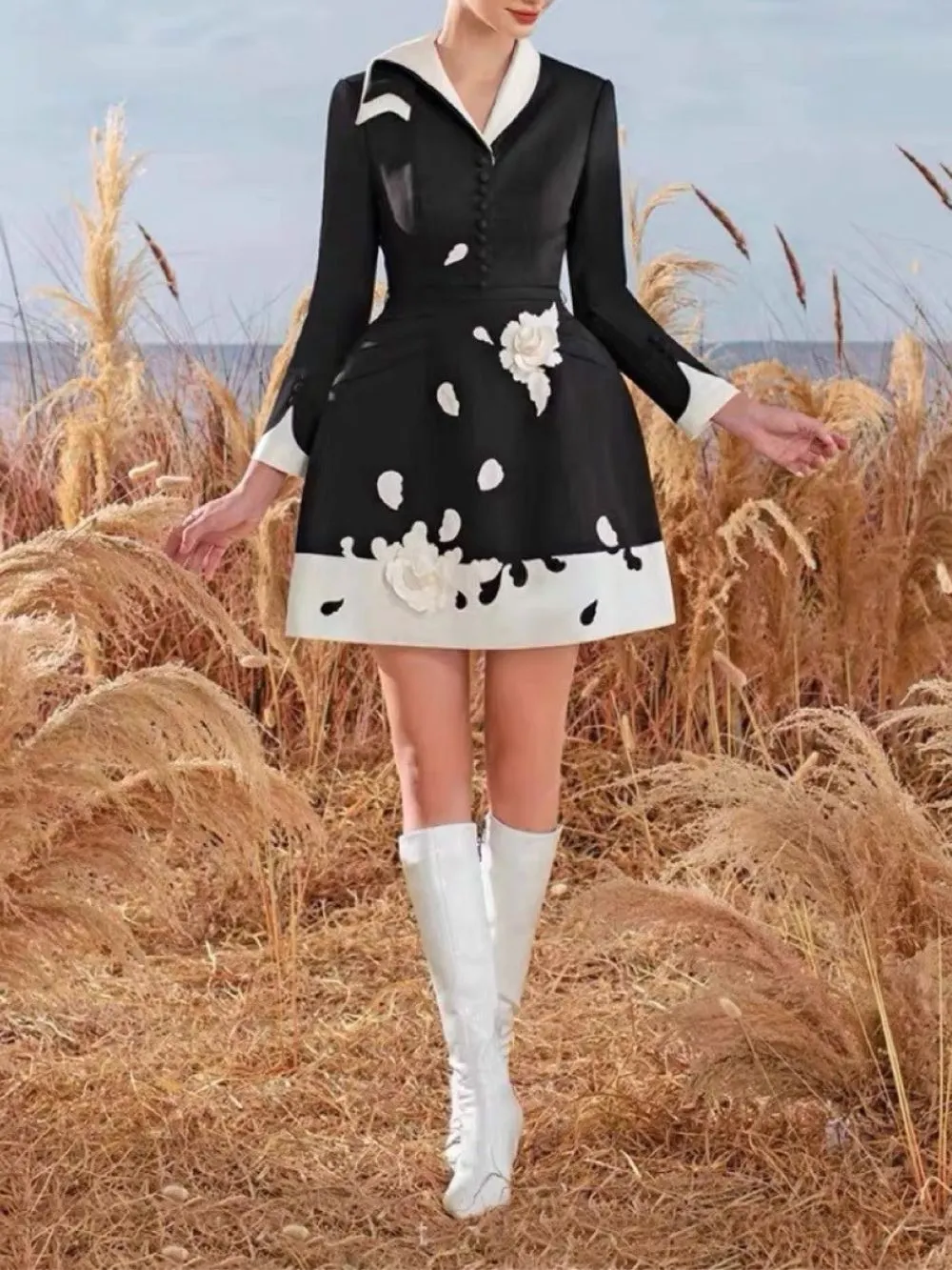 Mairi Black Flower Long Sleeve Mini Dress