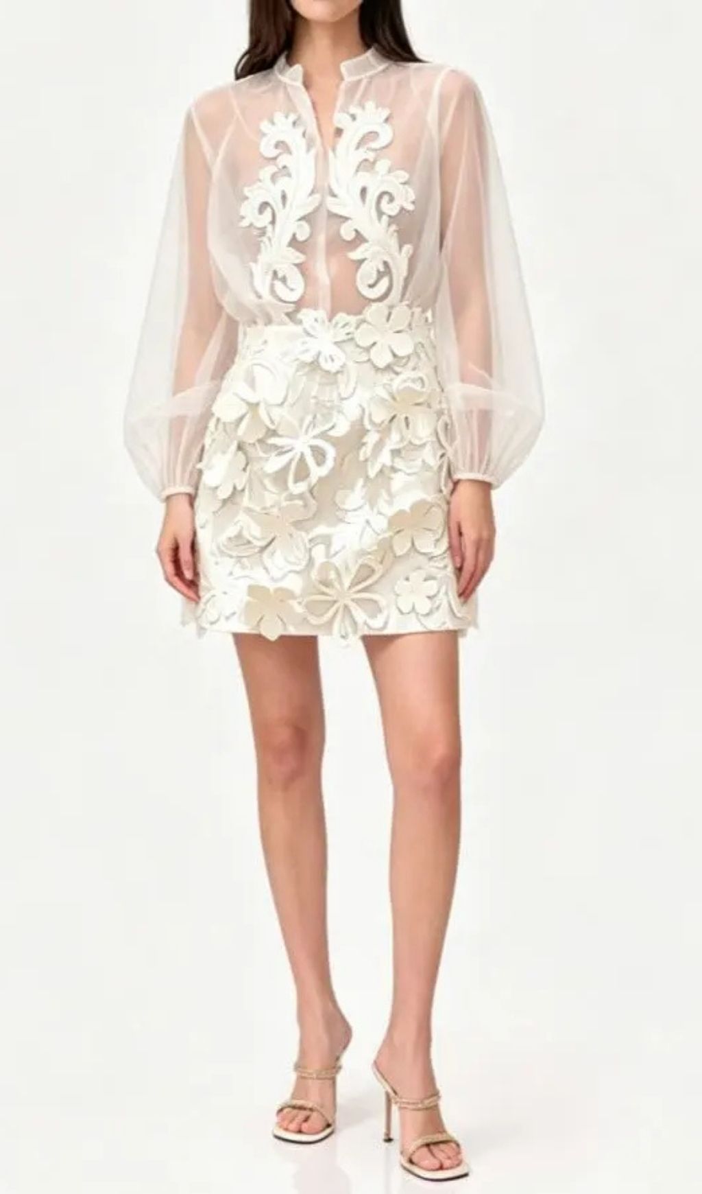 Floral Appliqué Sheer Organza Blouse & Mini Skirt Set - White
