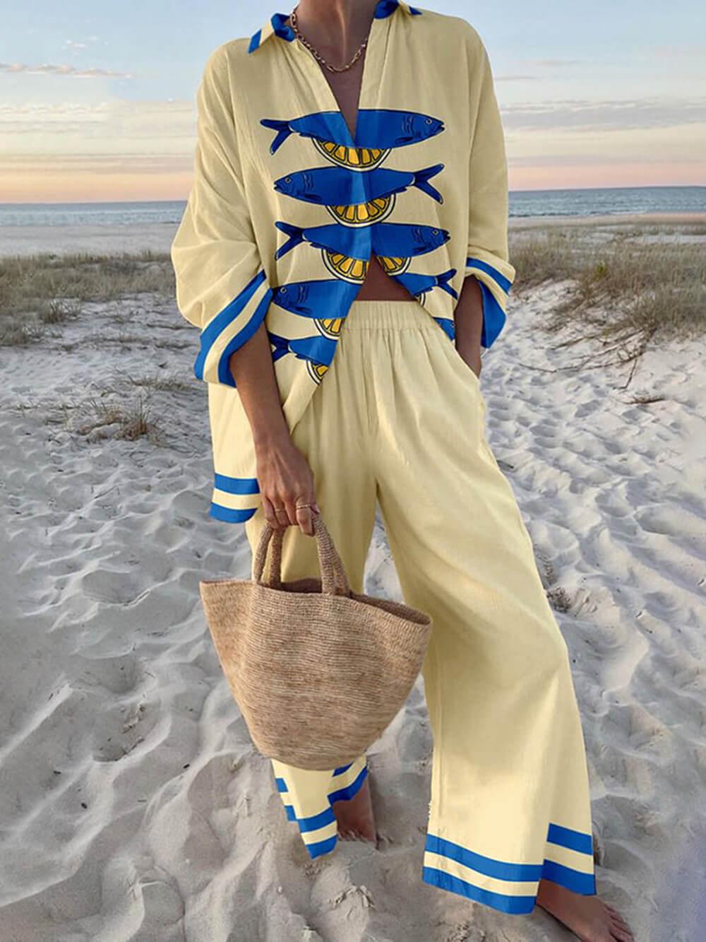 f3199578b4bede2e36cf90ffa0283d93 Ocean Print Oversized Shirt and Elastic Waist Pocket Pants Set