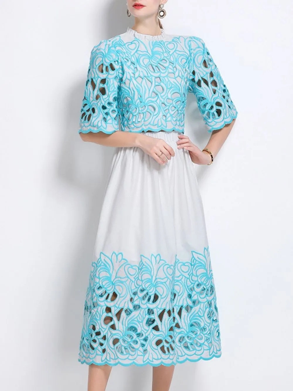 Mahira Blue Flower Embroidery Two-Piece Set - OWNCI Mahira Blue Flower Embroidery Two-Piece Set - OWNCI