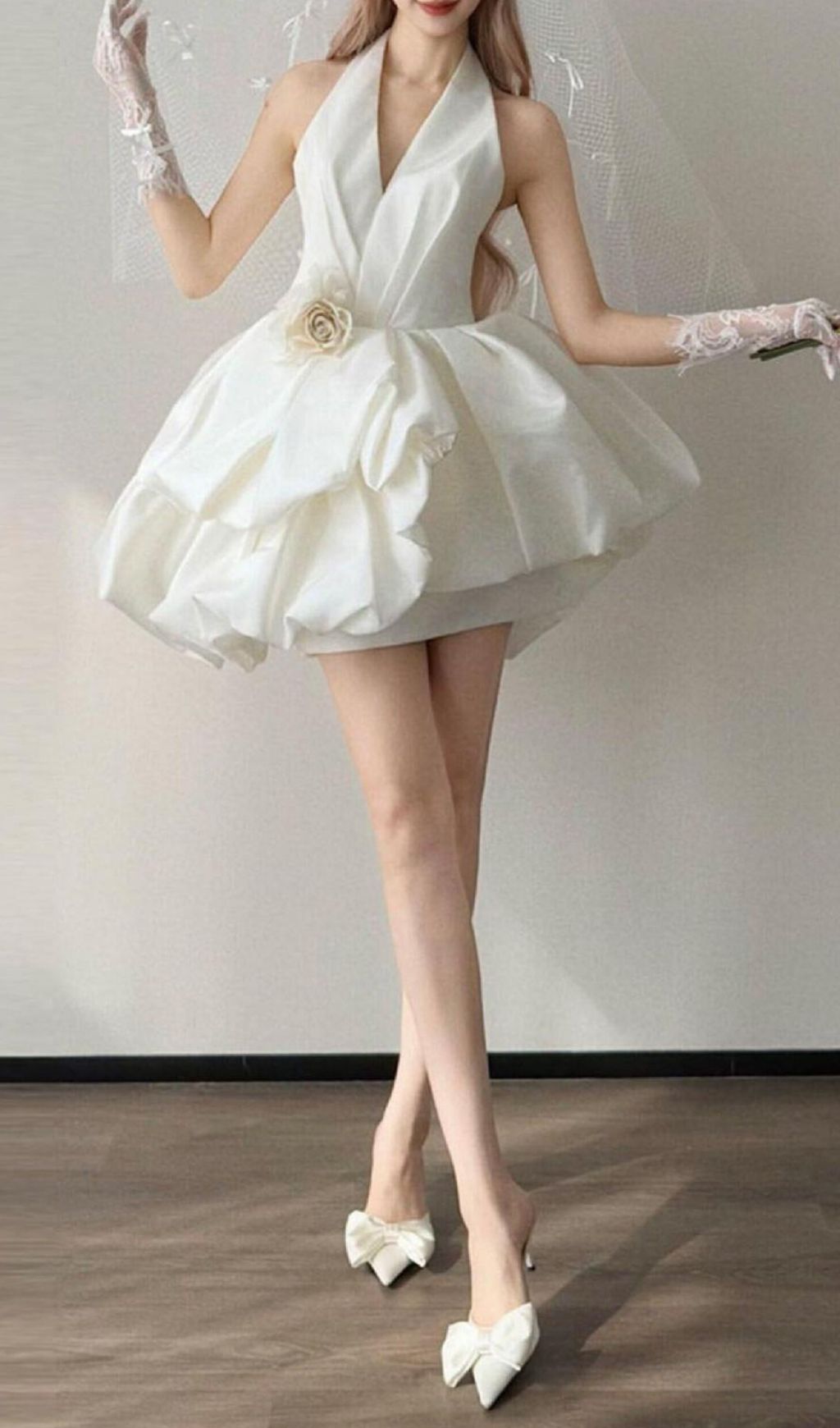 Fashionslee Women Levana White Halter Flower Mini Wedding Dress