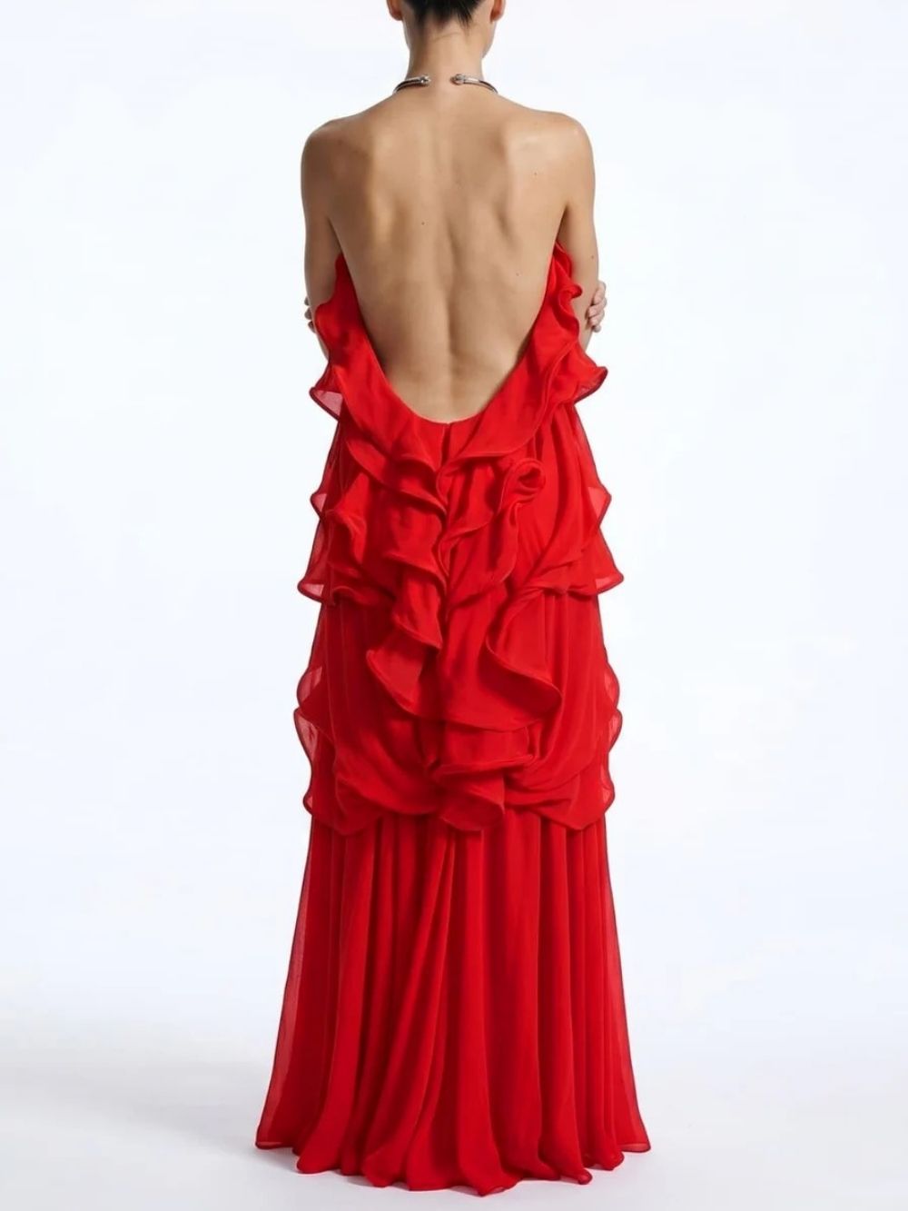 Fashionslee Women Kaelum Backless Ruffle Maxi Dress In Red