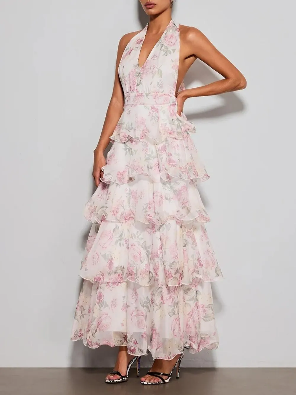 f3e63fc4e7f50431da1d9d9ece3a88b9 Errin Halterneck Ruffle Tiered Floral Maxi Dress