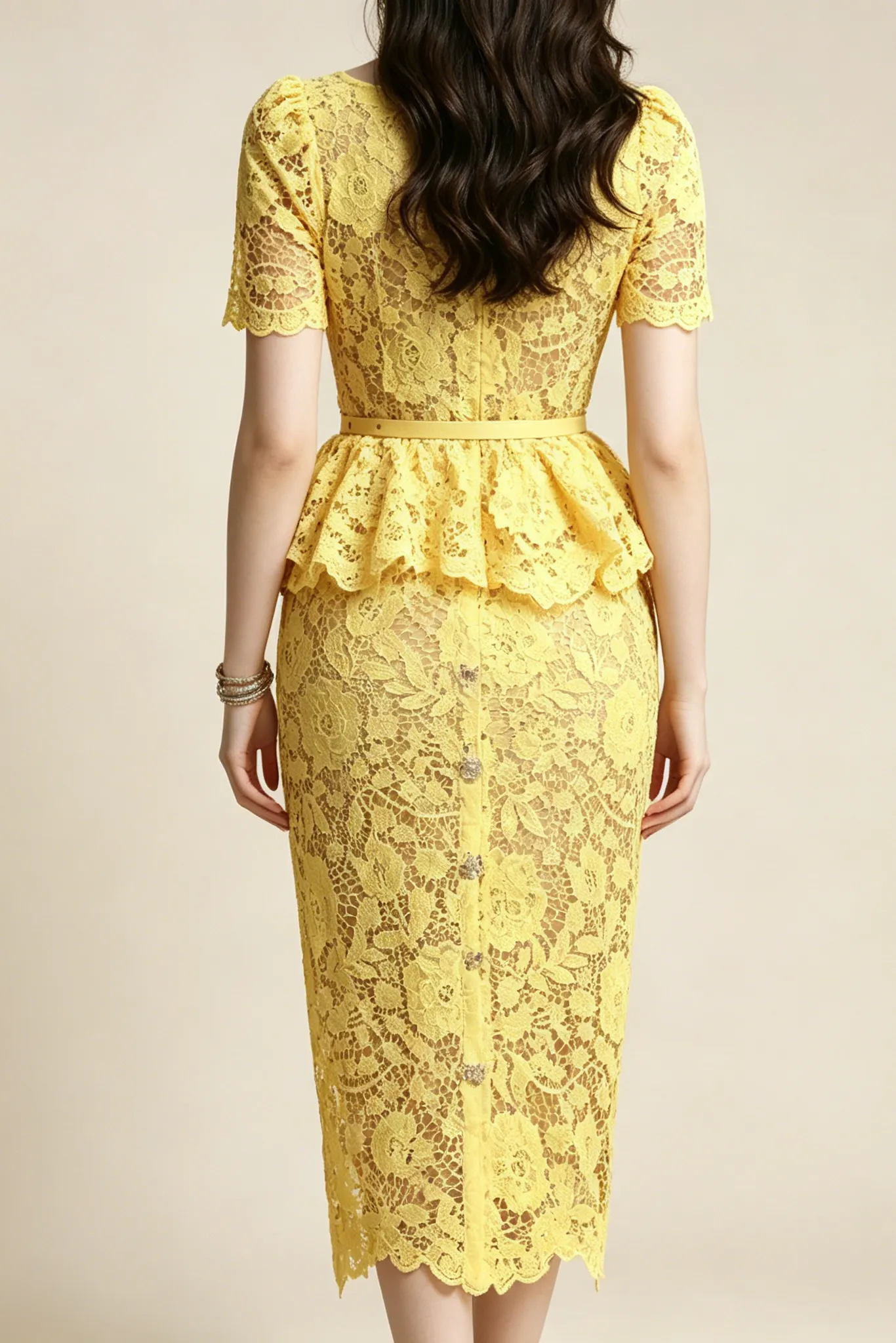 Lemon Yellow Floral Lace Peplum Midi Dress with Lapel Collar & Crystal Buttons