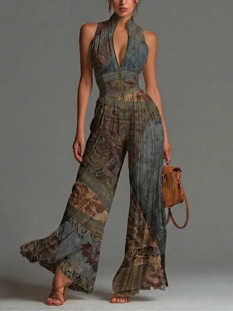 Bohemian Ethnic Print Sleeveless Zipper Pleated Wide-leg Chiffon Jumpsuit
