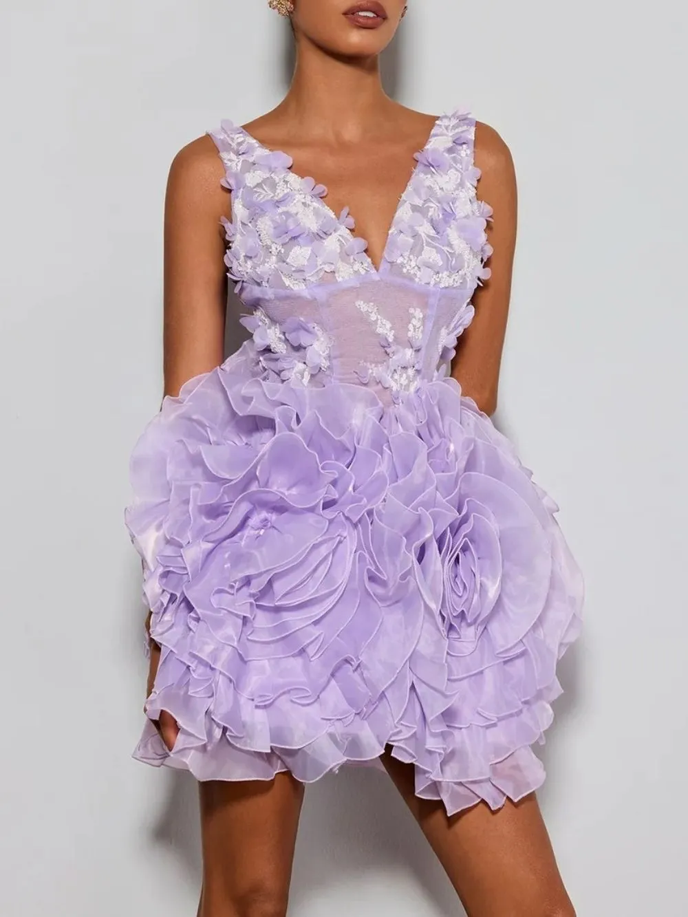 Ervin Purple V Neck Flower Mini Dress