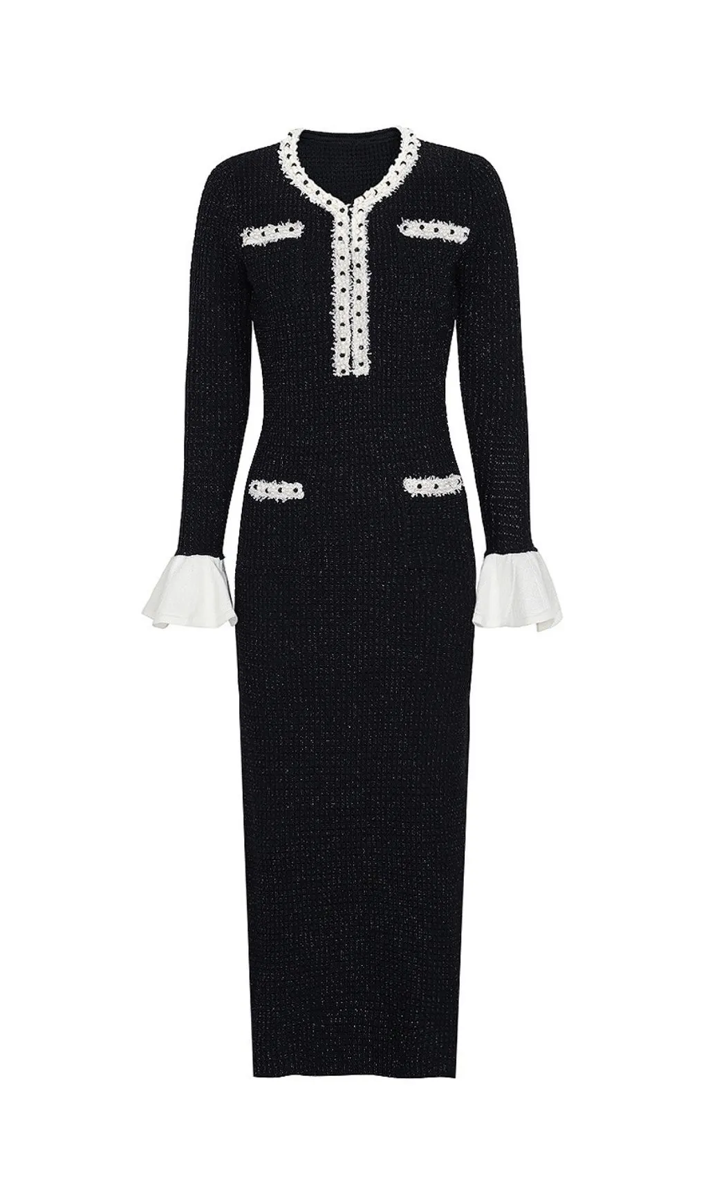 Kaula Black Beaded Long Sleeve Knit Midi Dress