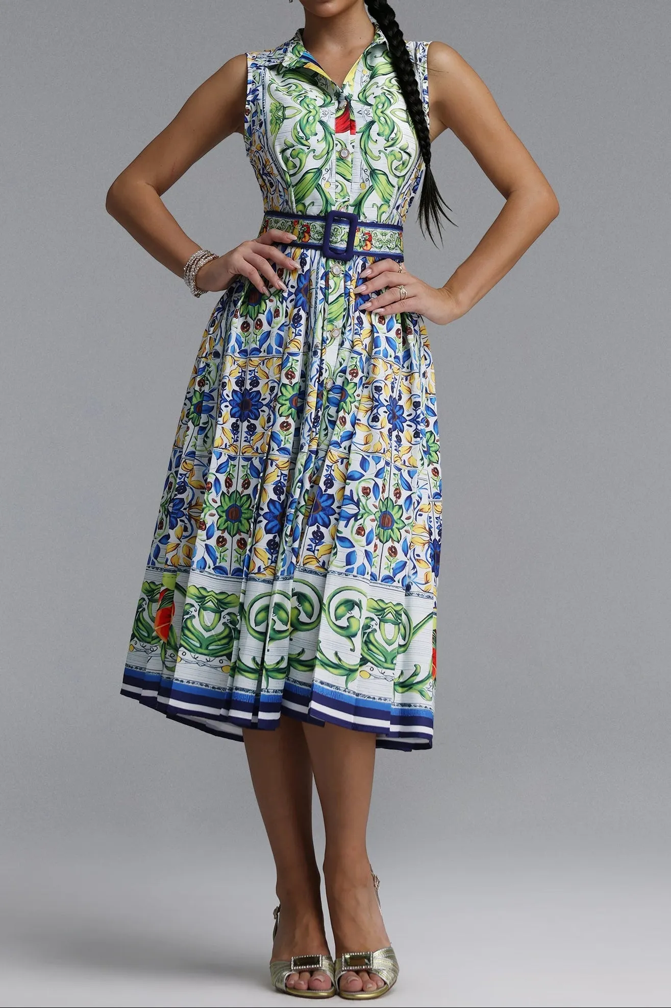 Sleeveless Collared Tile Print Belted A-Line Midi Dress