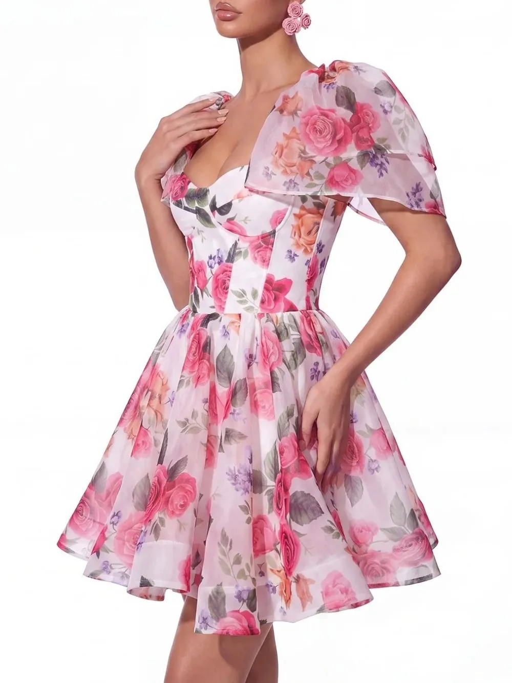 Fern Cape Sleeve Floral Organza Mini Dress