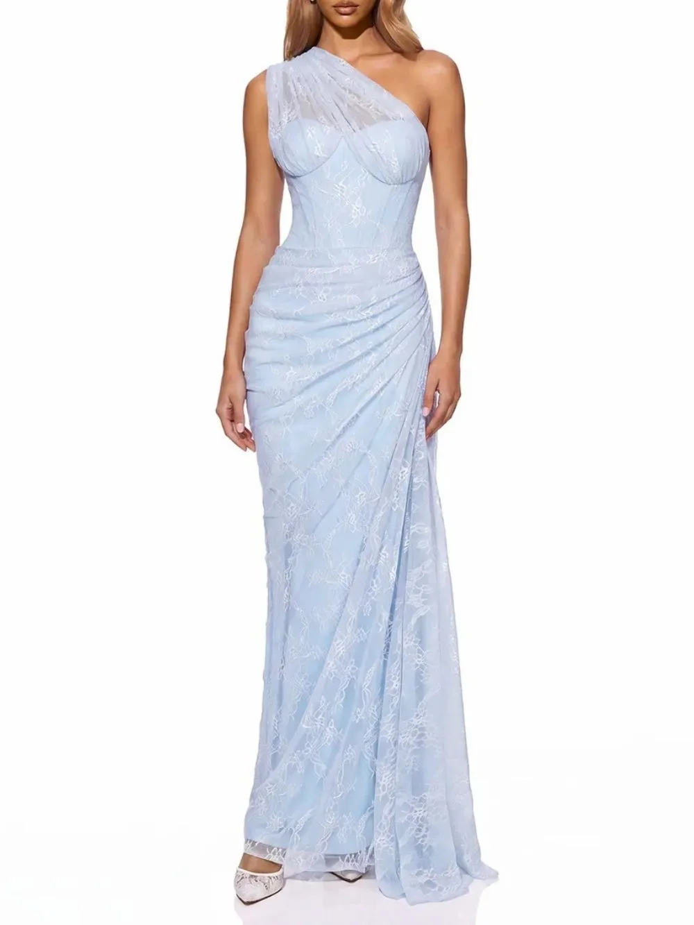 Fashionslee Women Lenric One Shoulder Ruched Lace Maxi Dress