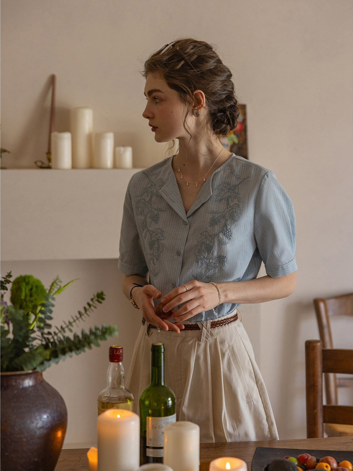 Embroidery Yarn-Dyed Striped Lapel Short-Sleeved Shirt