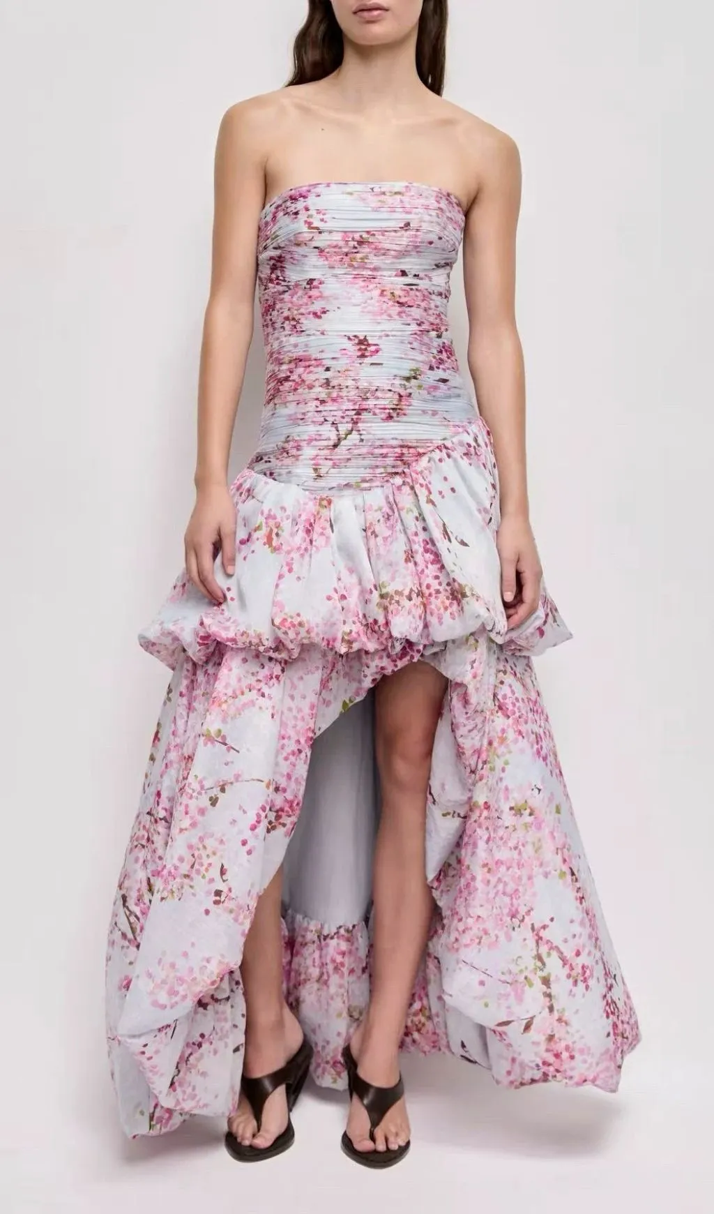 Fashionslee Women Madalyn Strapless Floral Pleated Maxi Dress