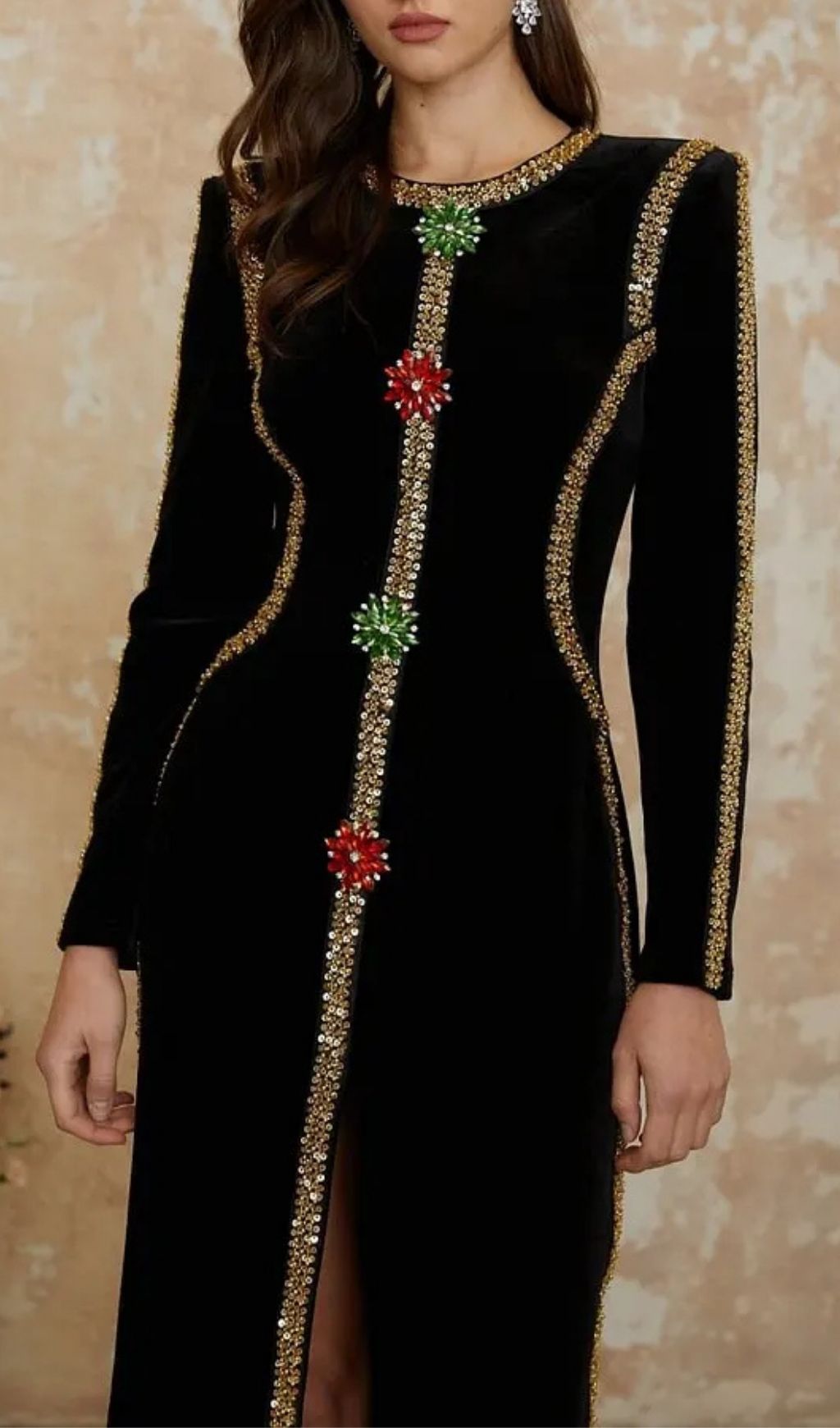 Lydia Black Crystal Embellished Front Slit Maxi Dress
