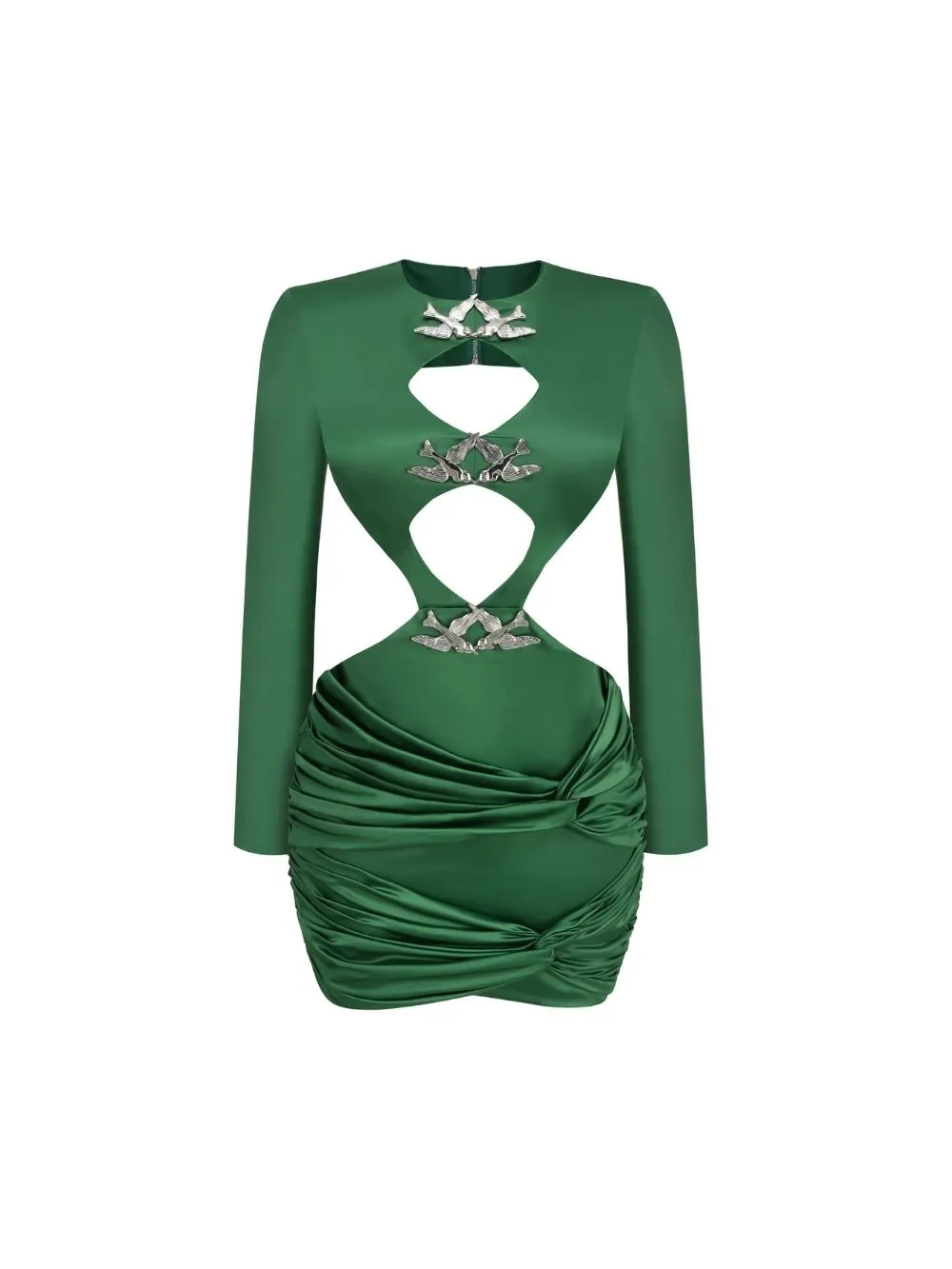 f644703461893bfbecc1498acf470a3d Mame Green Cutout Ruched Long Sleeve Mini Dress