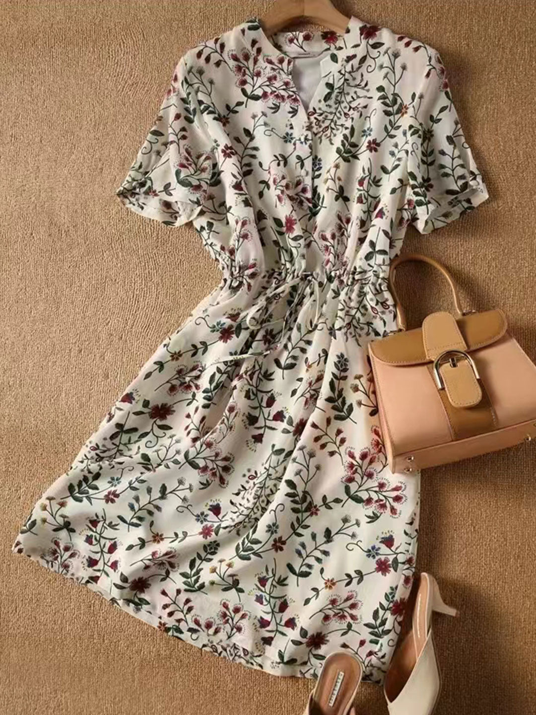 Sabrina V-Neck Printed Drawstring Chiffon Dress - OWNCI