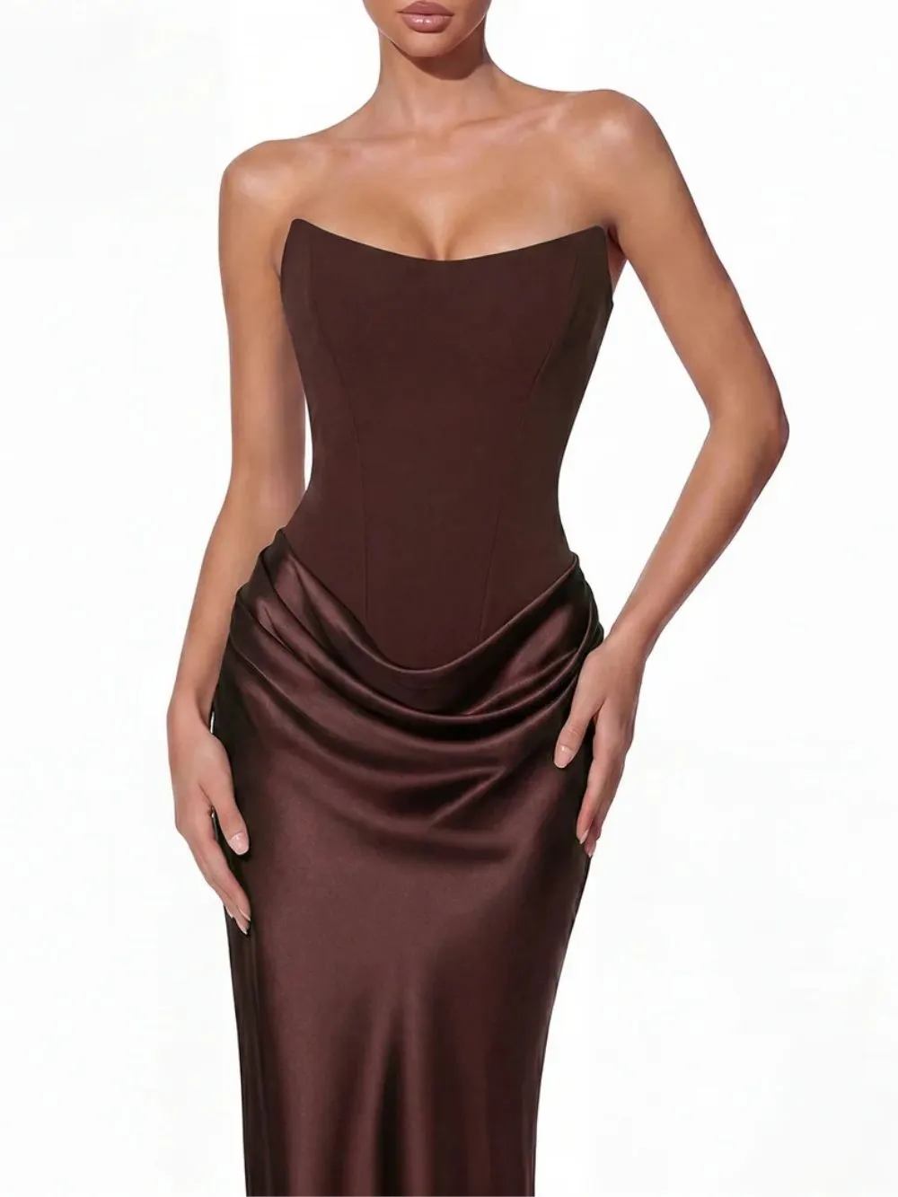 f6f9c1f6db84c3a4818e8486e8643c97 Vallissa Strapless Satin Maxi Dress In Brown