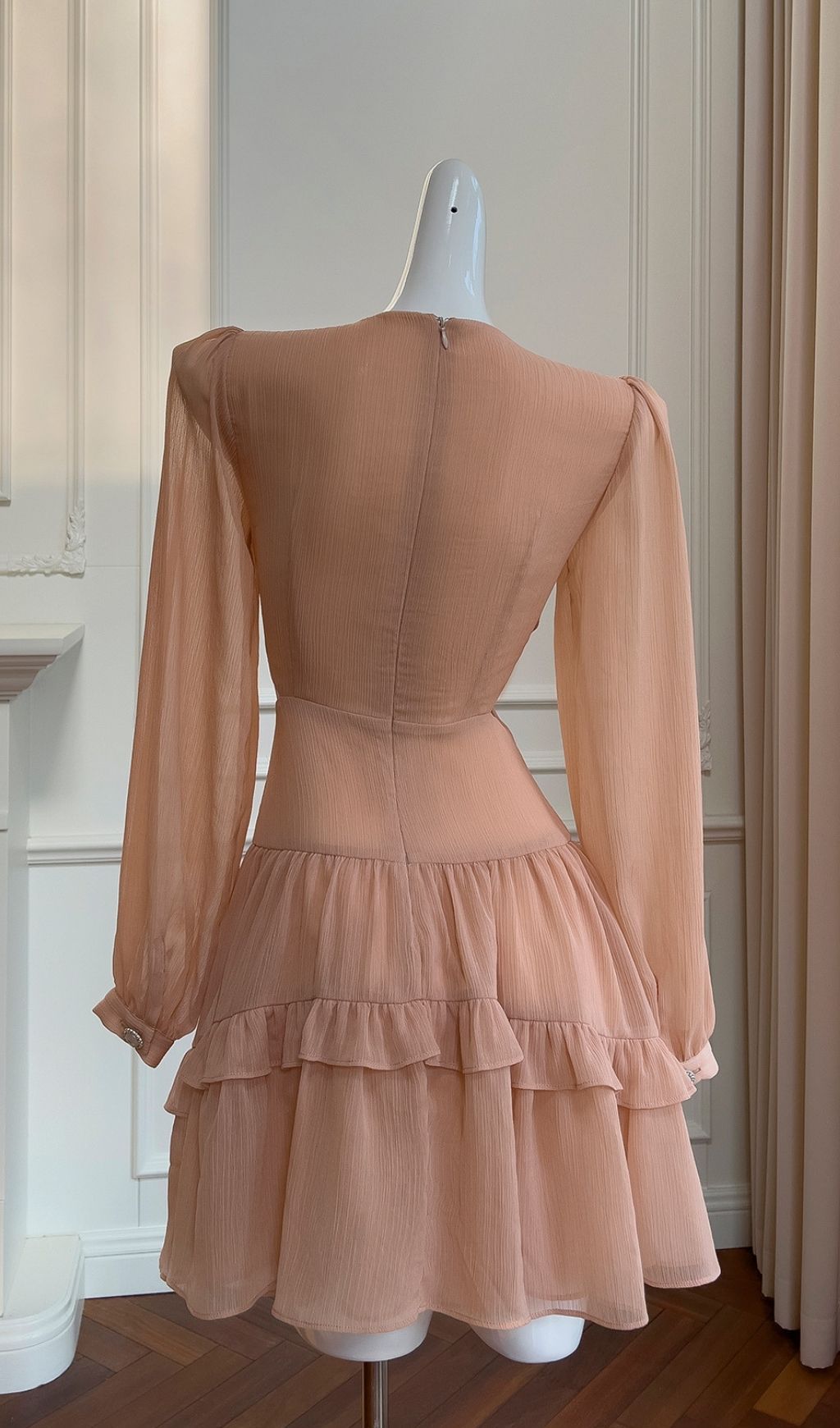 f6fd5fe355b56ce03674fcbdf2b1f0ef Jessica Champagne Pink Chiffon Rhinestone Embellished Mini Dress