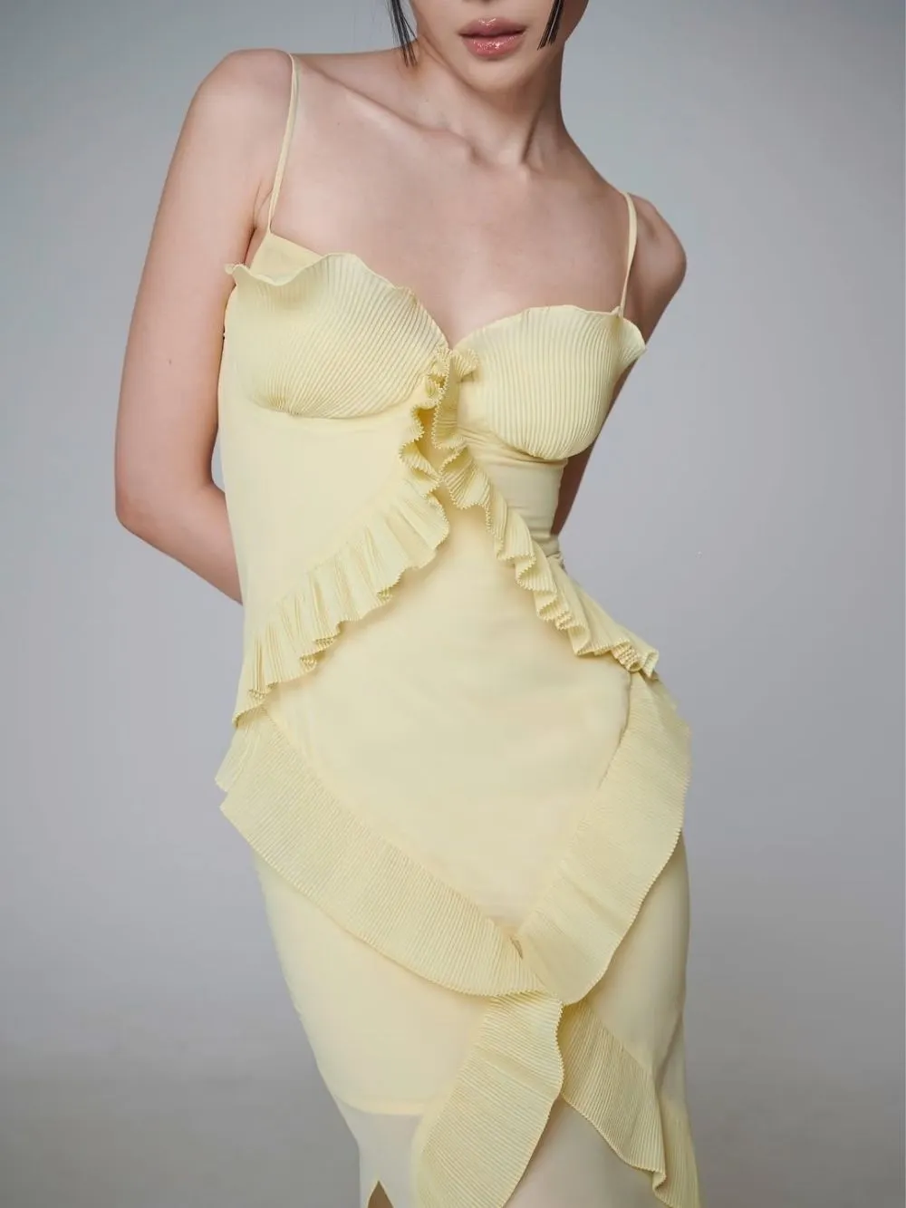Mallie Yellow Spaghetti Pleated Ruffle Maxi Dress