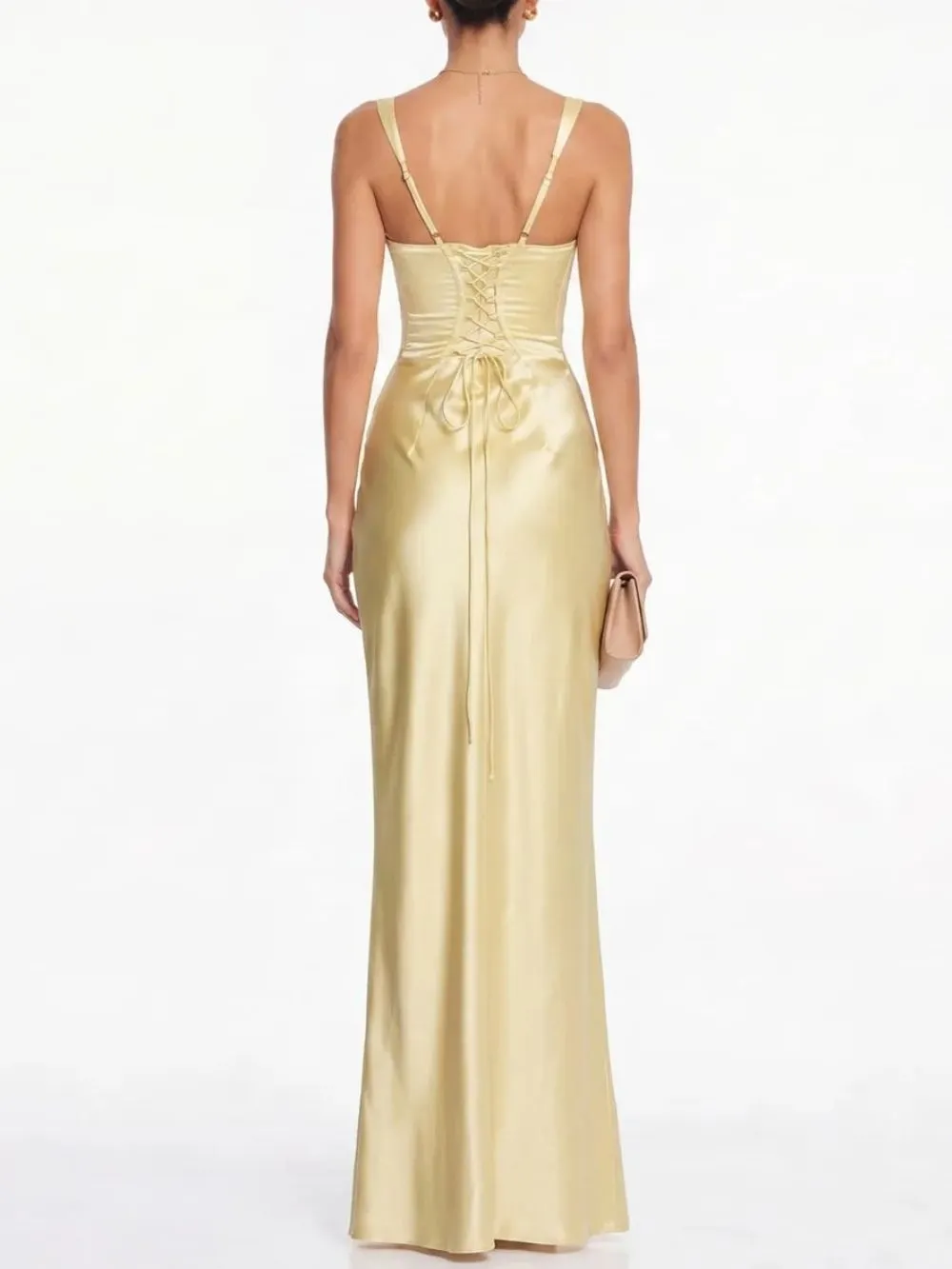 Fashionslee Women Berwick Lace Up Satin Maxi Dress In Butter Yellow