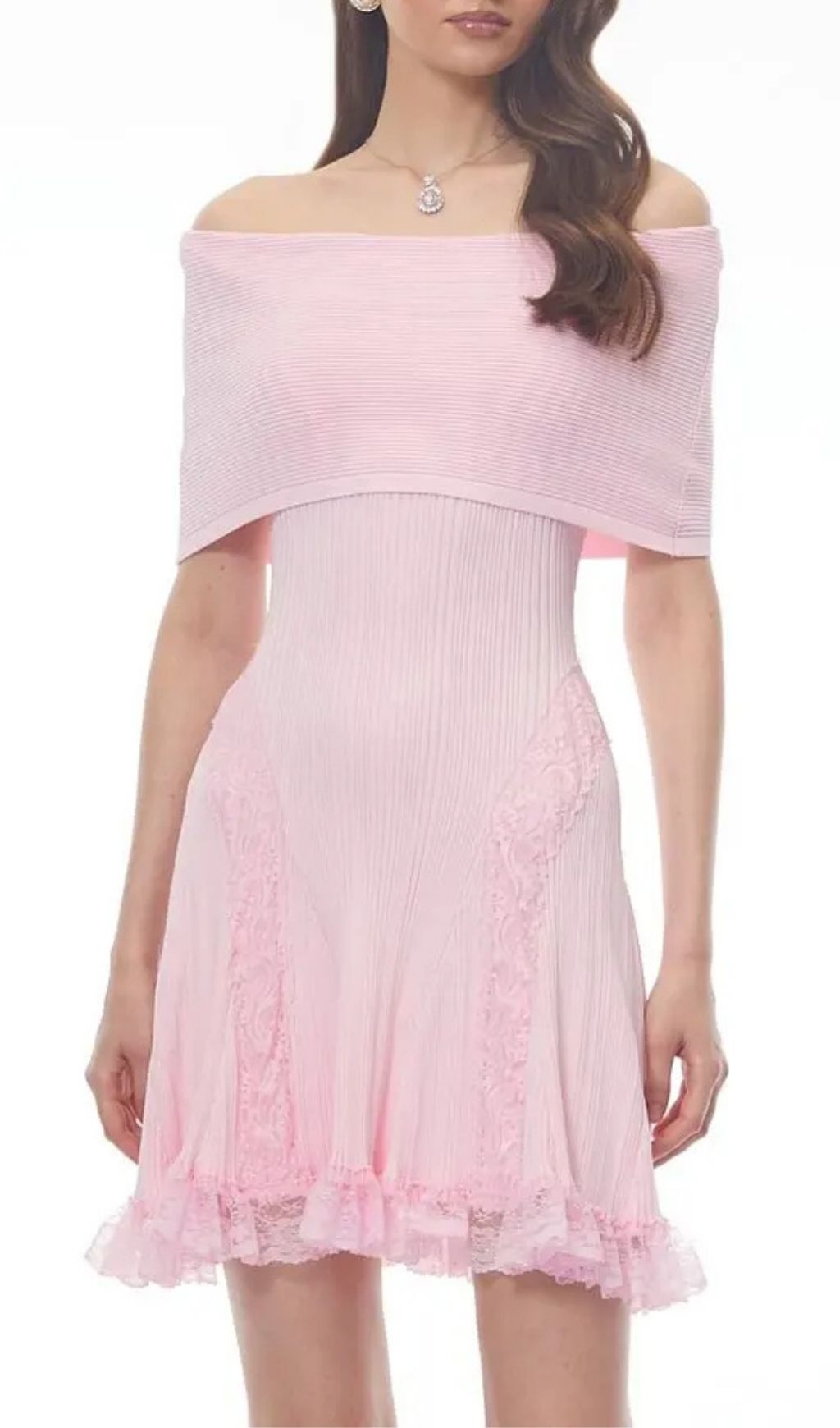 f72cb0e31e19707c6f795a0df4ac143f Isabel Pink Off Shoulder Mini Dress With Lace Details