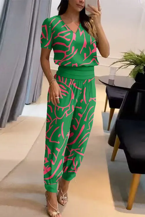 Casual V-Neck Printed Short Sleeve Long Pants Two-Piece Set - OWNCI