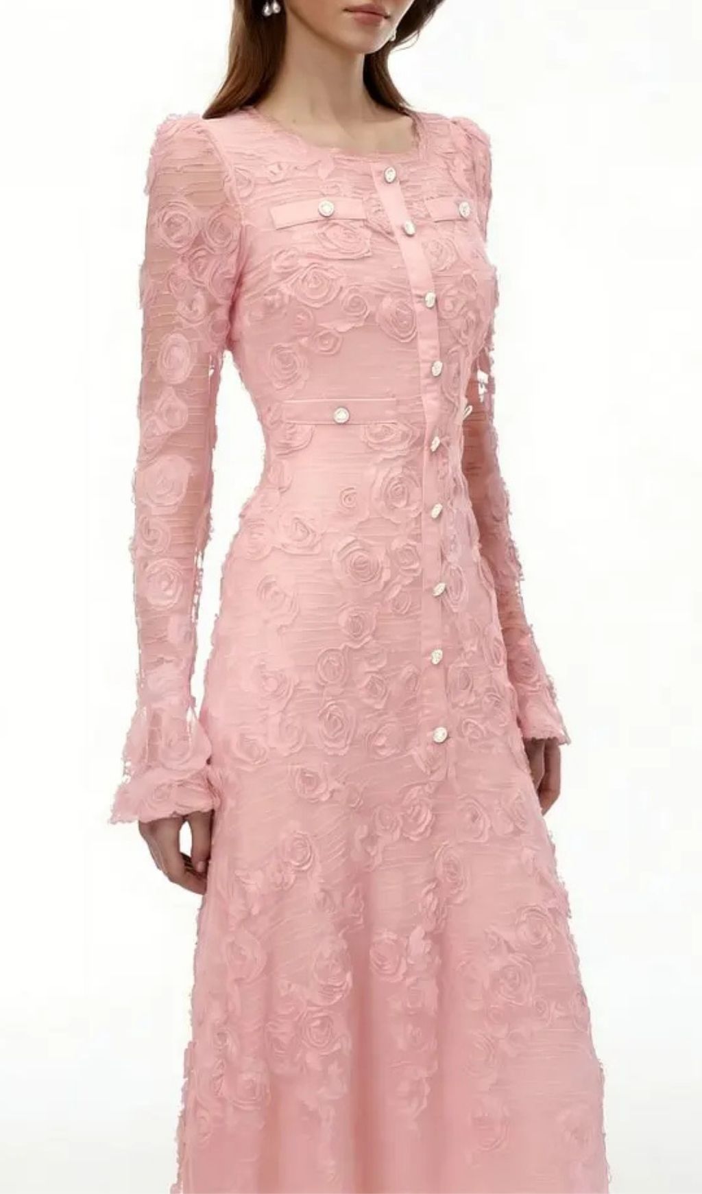 Tracy Pink 3D-Floral Embroidered Lace Maxi Dress