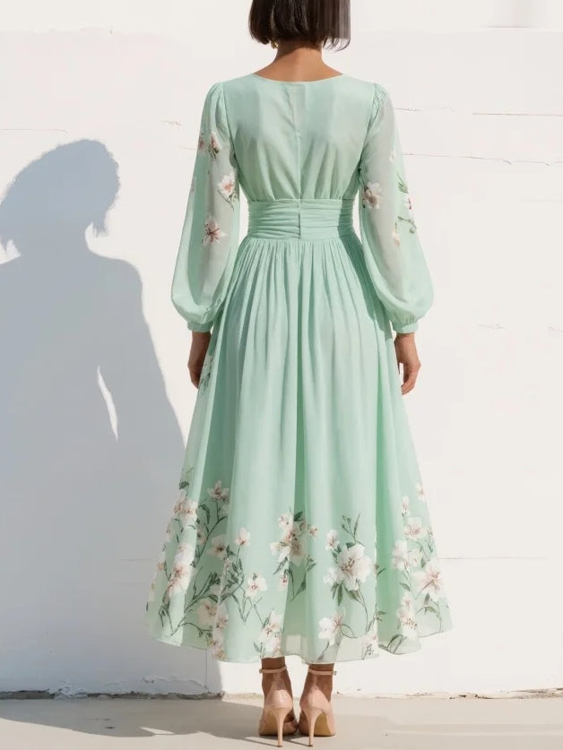 f7d5b7d91b081dd0d09f8eb708d56b9b Green Floral Print Chiffon V Neck Long Sleeve Pleated Midi Dress