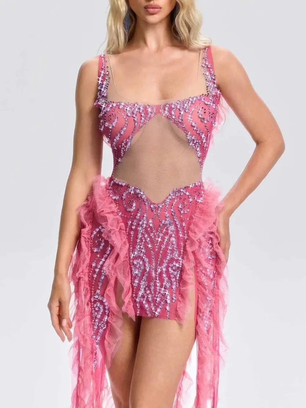 f7eed290fcfc70541b4a6a2064a42e59 Ulrican Crystal Ruffle Mesh Mini Dress